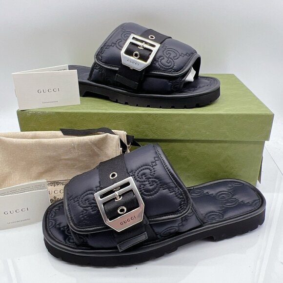 GUCCI Mens GG LOGO Quilted Buckle Black Slides Sandals 776792 Mens UK 9 US 9.5 - Picture 2 of 14